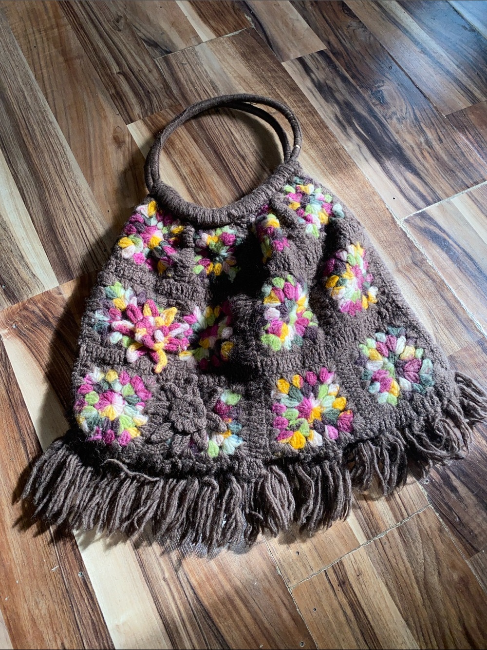 Sisley Brown Crochet Shoulder Bag with Multicolor Floral Accents
